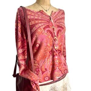 Talbots Pure Cashmere Paisley Button Up Cardigan Warm Tones Boho Retro Knit L